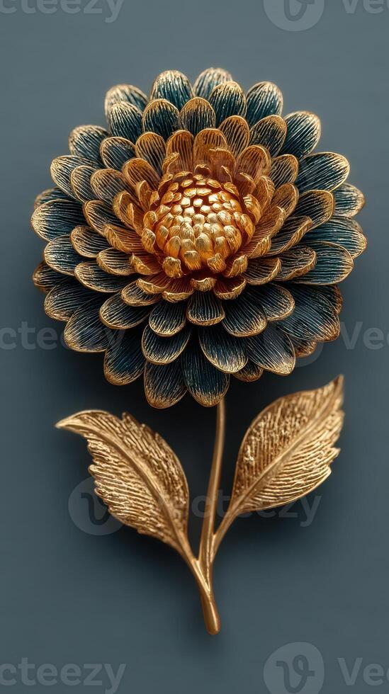 Elegant golden flower brooch with intricate detailing in blue and gold against a simple background photo