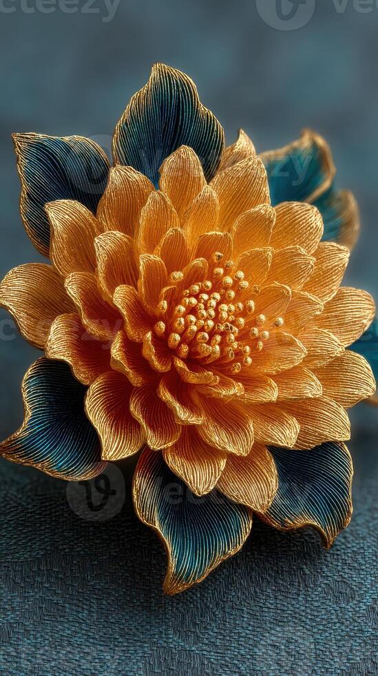 Intricate golden flower design with blue leaves on textured background in handcrafted art photo