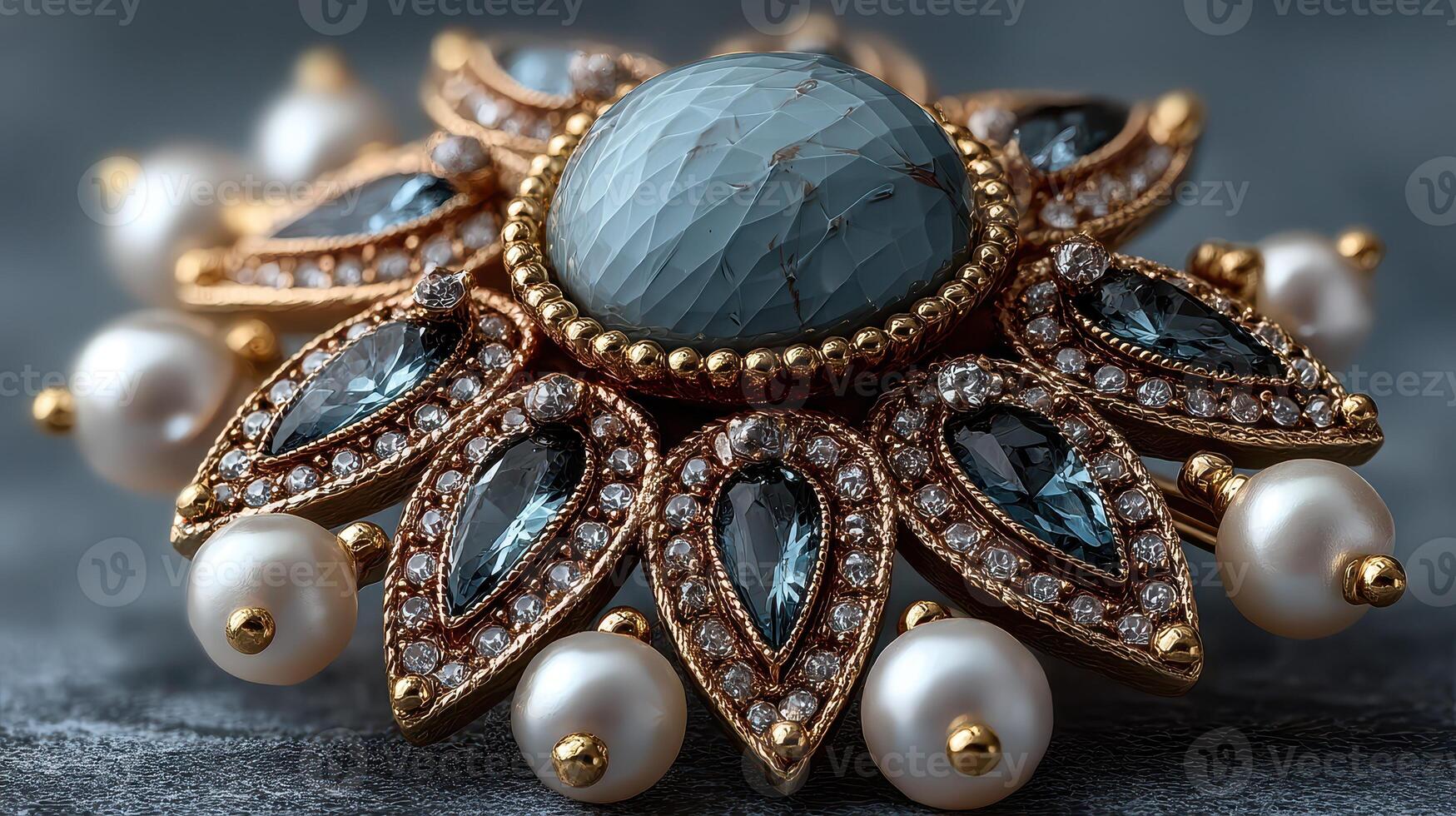 Elegant antique brooch with intricate design featuring gemstones and pearls on a dark textured surface photo