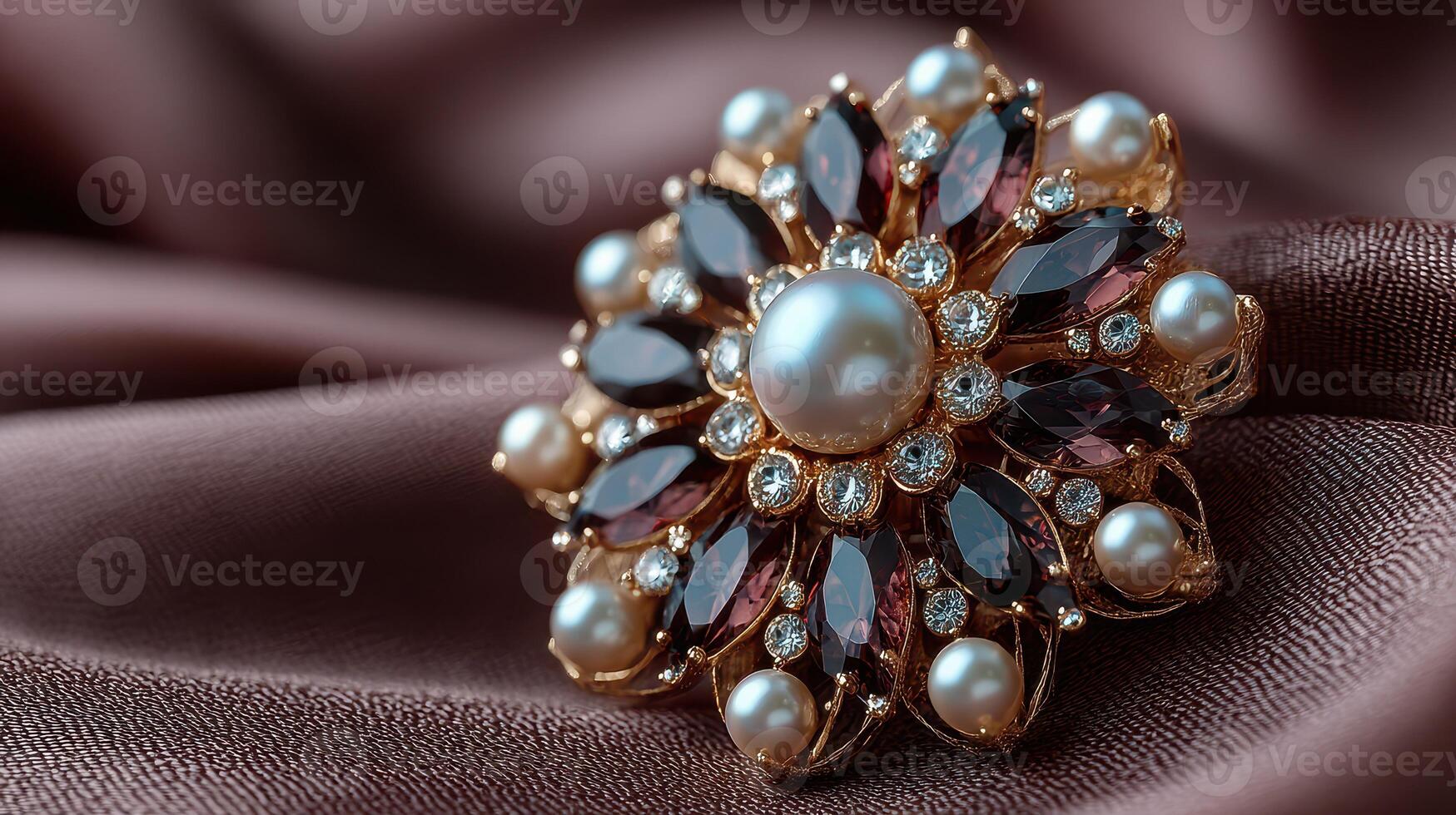 Elegant vintage brooch displayed on rich fabric showcasing intricate design and luxurious materials photo