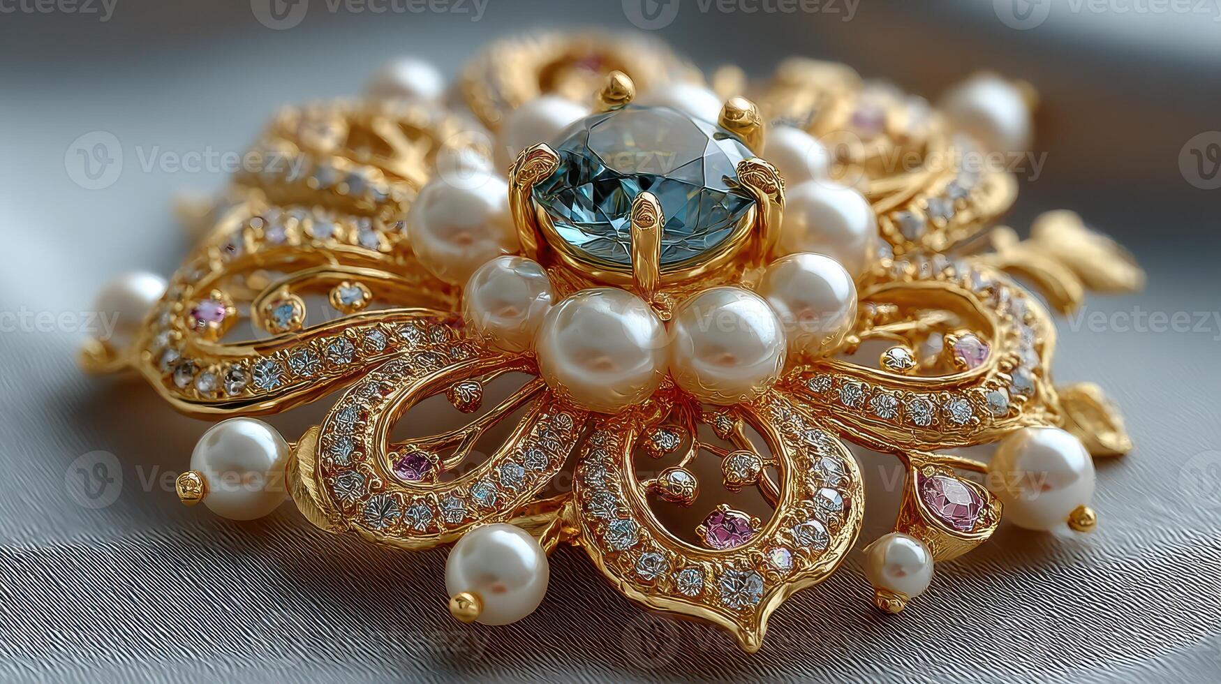 Intricate gold brooch adorned with pearls and gemstones resting on a soft surface photo