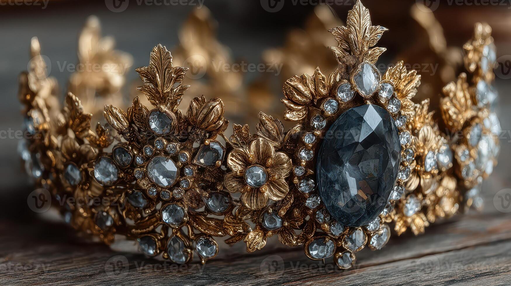 Ornate golden crown with gemstones displayed on a rustic wooden surface photo