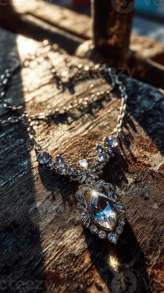 Elegant silver necklace with sparkling crystals showcased on rustic wooden surface in soft sunlight photo