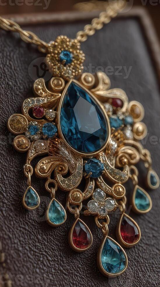 Elegant blue and gold necklace showcasing intricate design and colorful gemstones displayed on textured surface photo