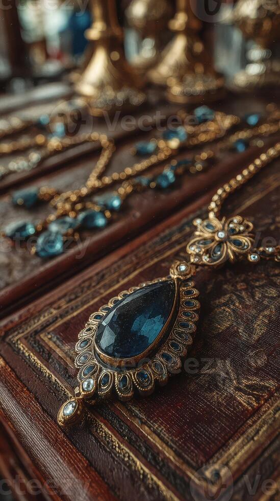 Intricate jewelry displayed on a wooden surface with rich textures and sparkling gemstones from a market in the afternoon light photo