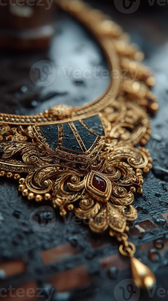 Exquisite gold necklace showcasing intricate craftsmanship with detailed patterns and dark accents on a wet surface photo