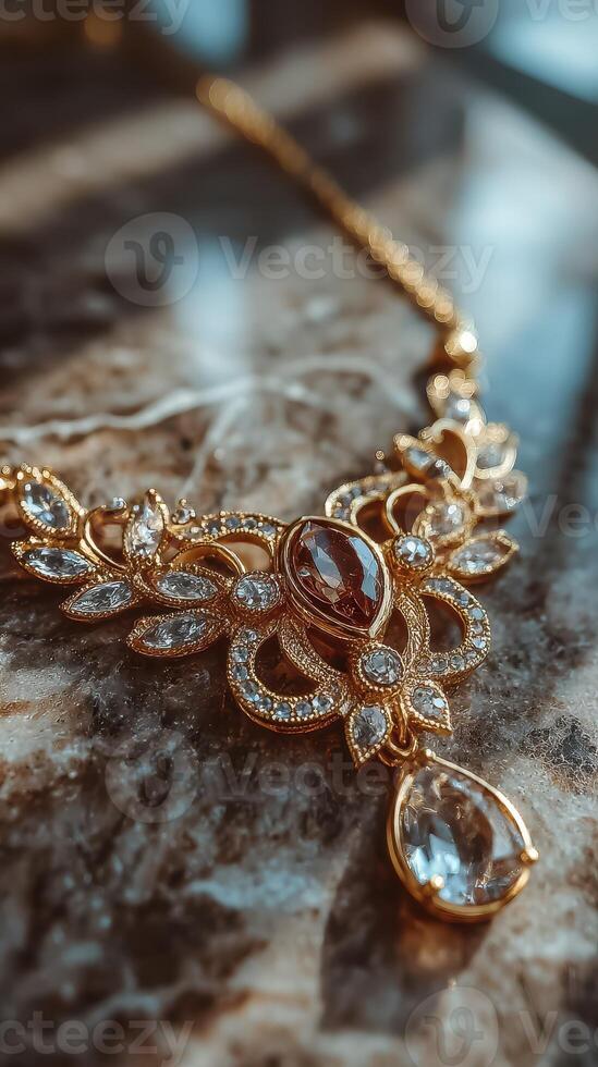 Elegant gold jewelry necklace with sparkling gemstones displayed on marble surface photo