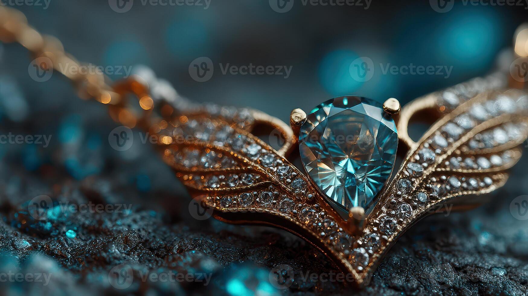 Elegant necklace featuring a blue gemstone and intricate design displayed against a shimmering background photo