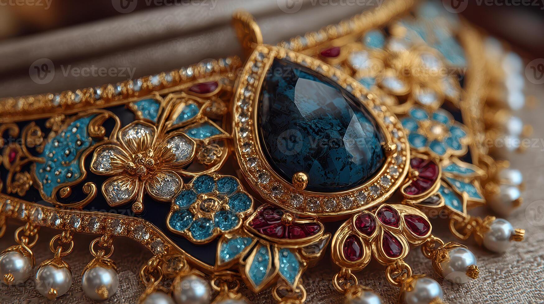 Beautiful traditional jewelry necklace adorned with gemstones and intricate designs photo