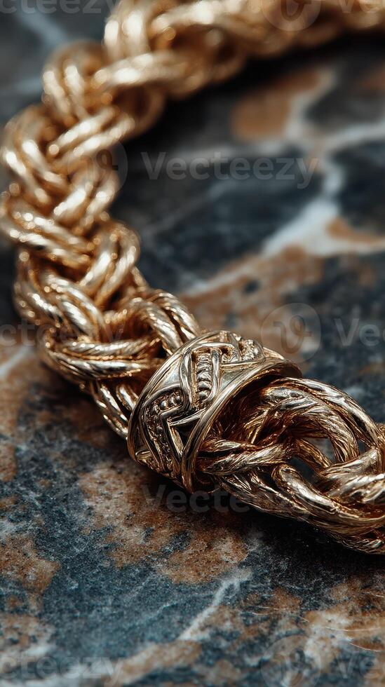 Elegant golden chain bracelet displayed on a marble surface with intricate design detailing and texture highlighting craftsmanship photo