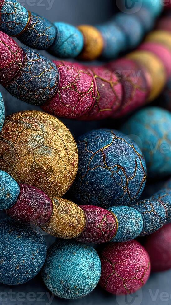 Colorful textured beads arranged in an artistic display showcasing vibrant patterns and intricate details in an abstract setting photo