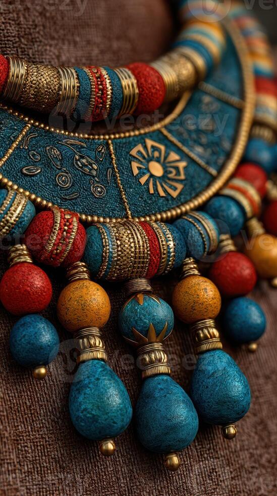 Colorful handcrafted necklace showcasing intricate designs with vibrant beads displayed on textured fabric photo