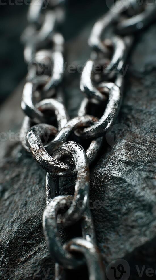 Close-up view of an old metallic chain resting on textured stone surface in natural lighting photo