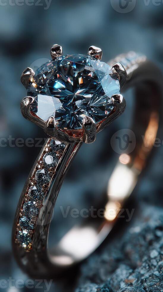 Elegant blue diamond engagement ring showcasing intricate design and sparkling gems in a close-up view on a textured surface photo