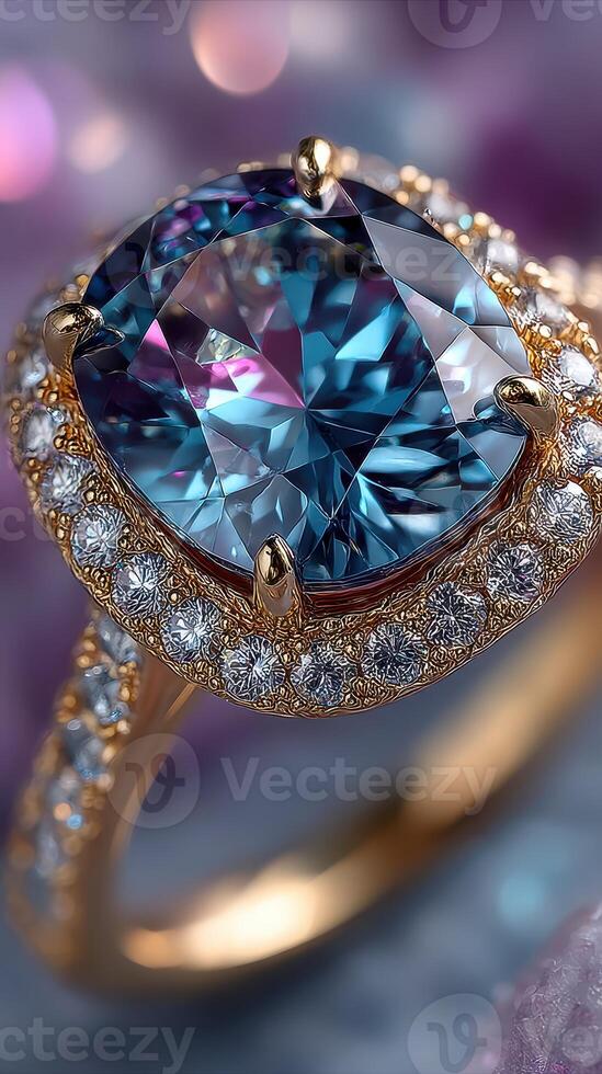 Brilliant turquoise gemstone ring with intricate gold detailing and sparkling diamonds on a soft background photo