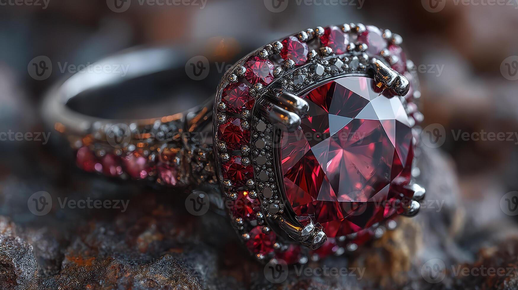 Intricately designed ring featuring a large red gemstone surrounded by smaller stones on a textured surface photo