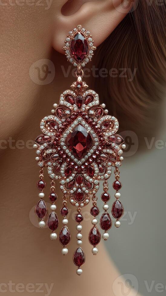 Elegant red gemstone earrings showcased on a model in a neutral setting with delicate lighting for a stunning effect photo