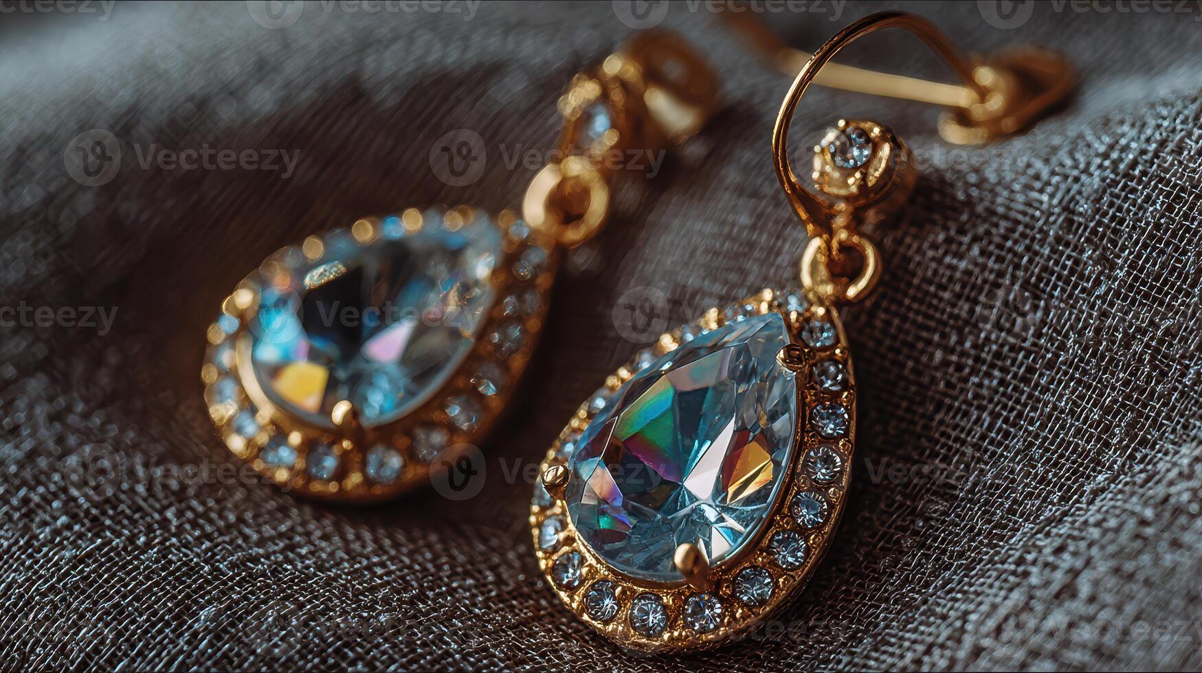 Elegant golden earrings with sparkling gemstones on a textured fabric background photo