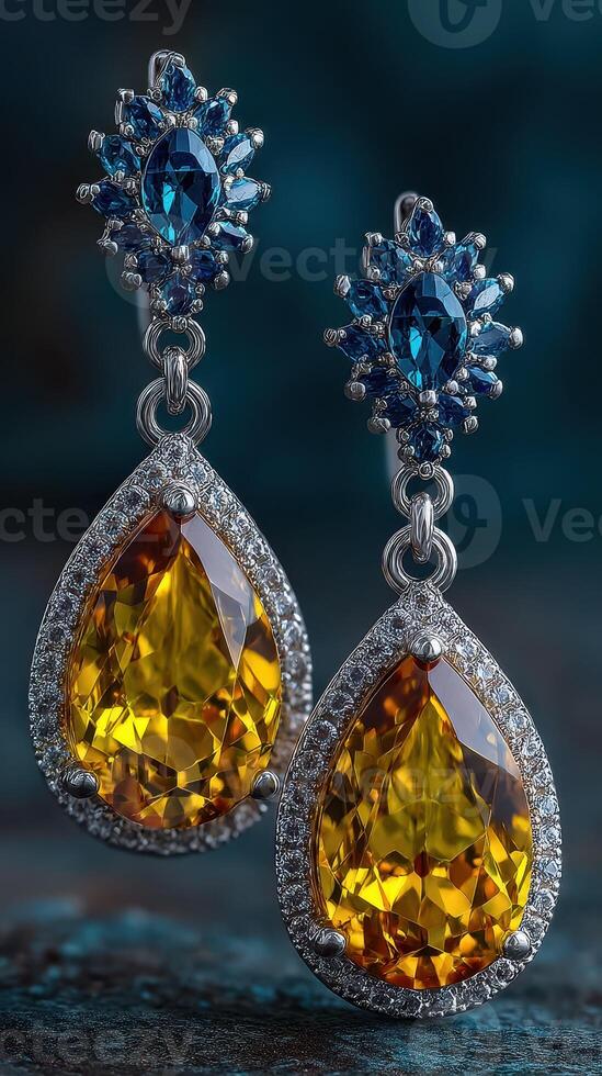 Elegant yellow and blue gemstone earrings displayed on a textured background showcasing intricate design details photo