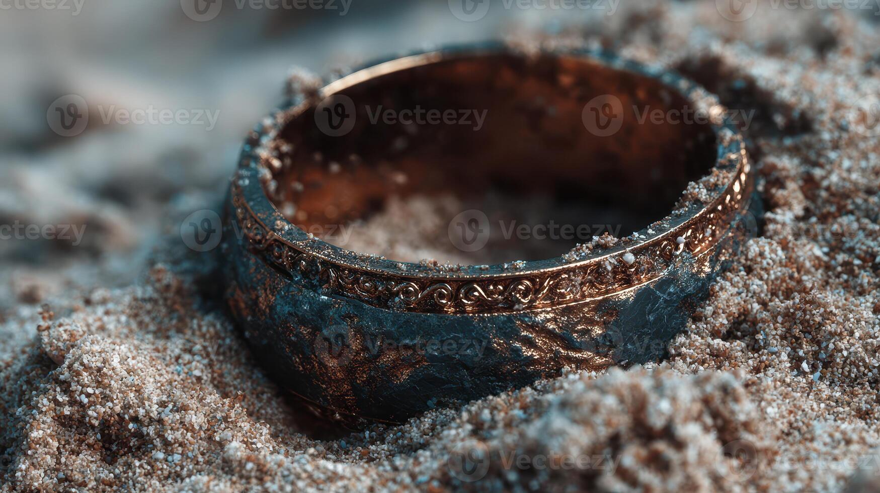Golden ring discovered in sandy beach, reflecting sunlight and revealing intricate details of ancient craftsmanship photo