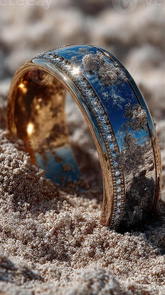 Beautiful golden bracelet resting on beach sand with intricate details reflecting the sun and surrounding environment photo