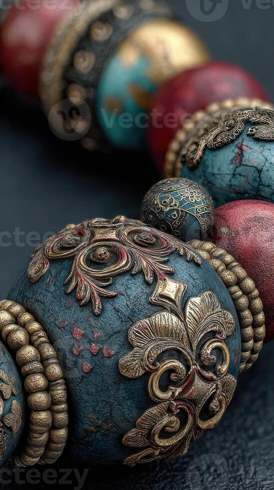 Intricate metallic and ceramic beads showcasing traditional craftsmanship in a close-up view photo