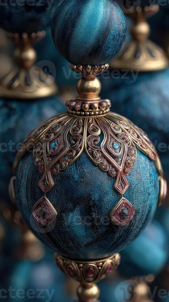 Decorative orbs with intricate metallic designs displayed in close-up, showcasing artistry and craftsmanship photo