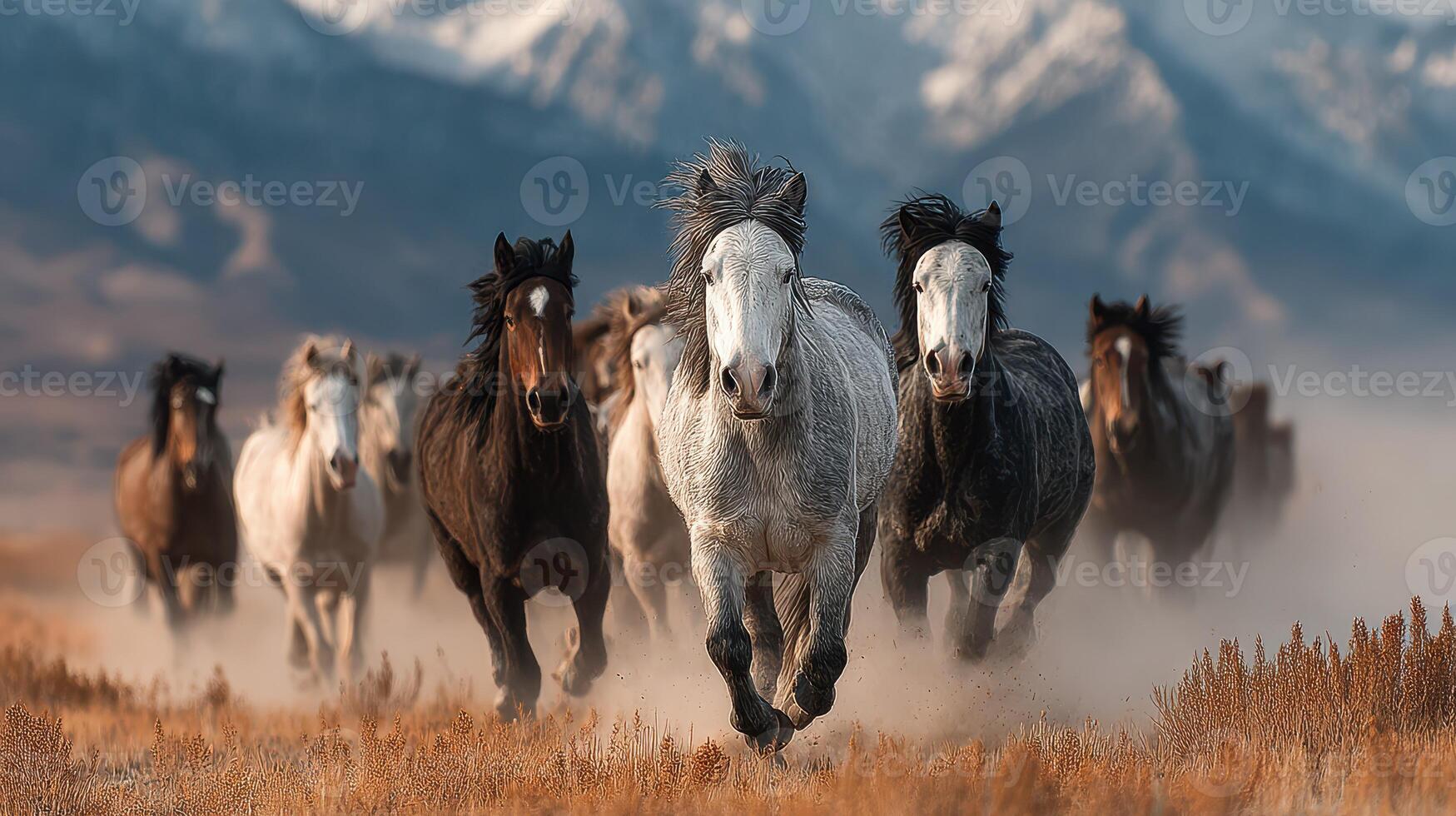 Running wild horses in the mountain landscape at sunrise capturing a moment of untamed beauty photo