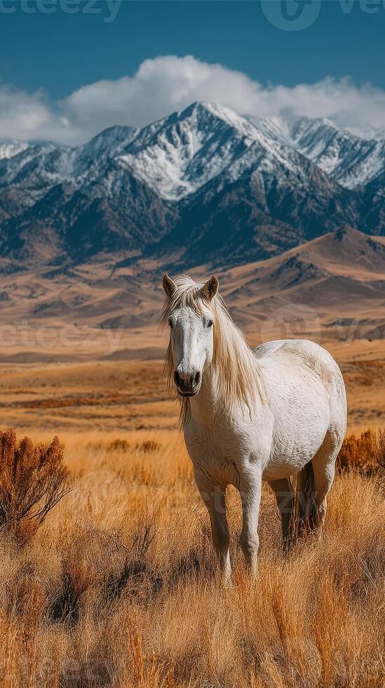 Majestic white horse standing in golden grasslands with snow-capped mountains in the background during daylight photo