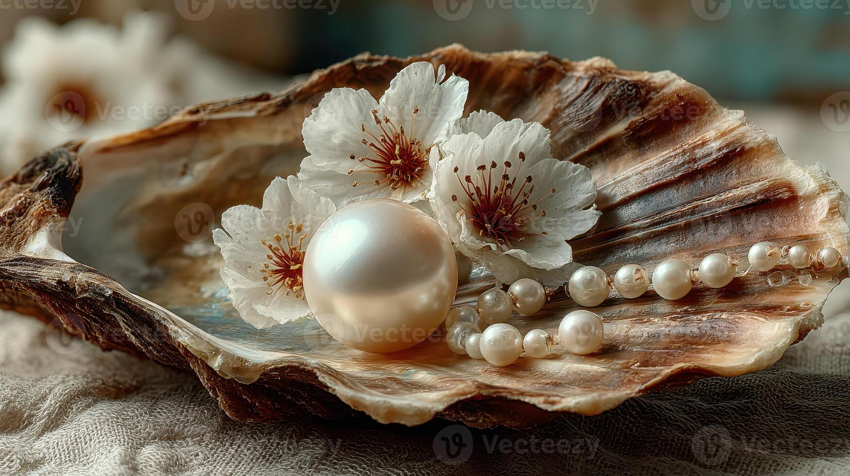 Delicate pearl nestled in a beautiful shell with flowers arranged elegantly on a soft fabric photo