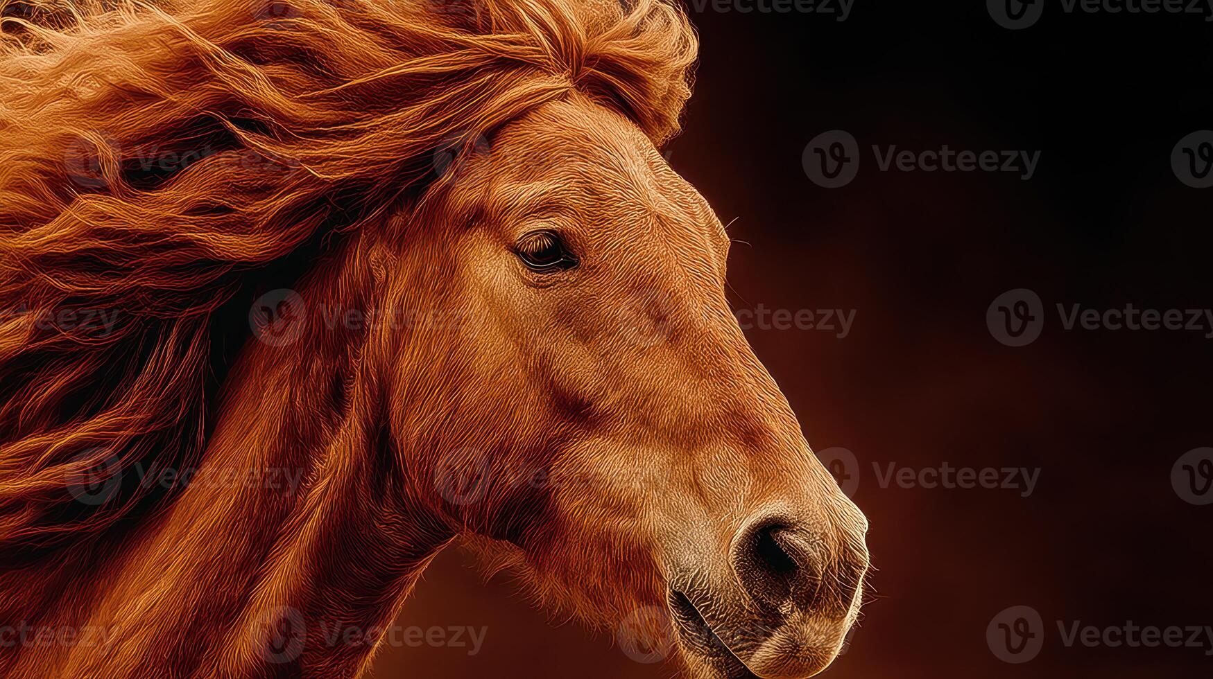 Majestic chestnut horse with flowing mane captured in a dramatic setting evoking strength and beauty at golden hour photo