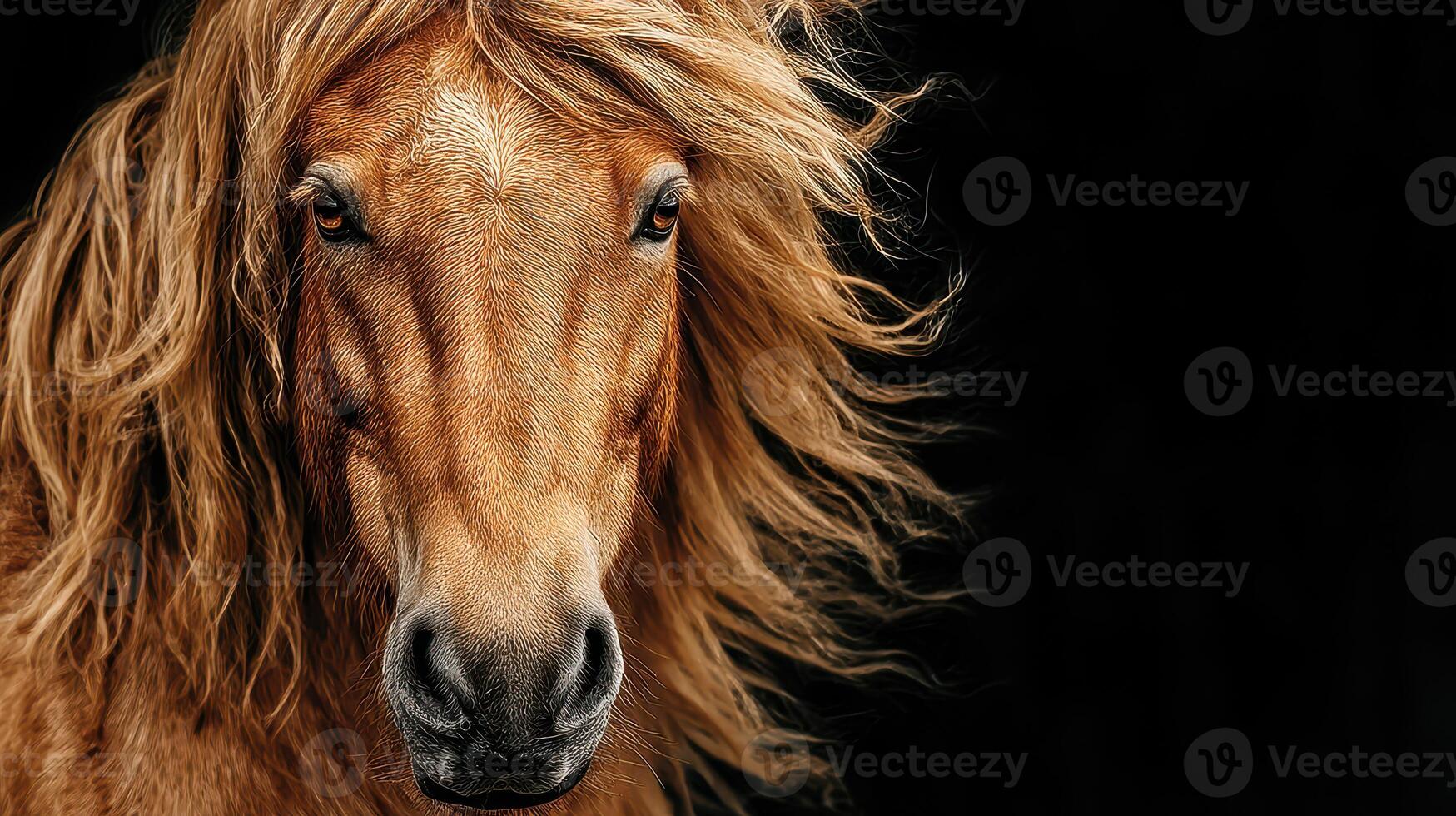 Stunning close-up of a horse showcasing its flowing mane against a dark background during golden hour photo