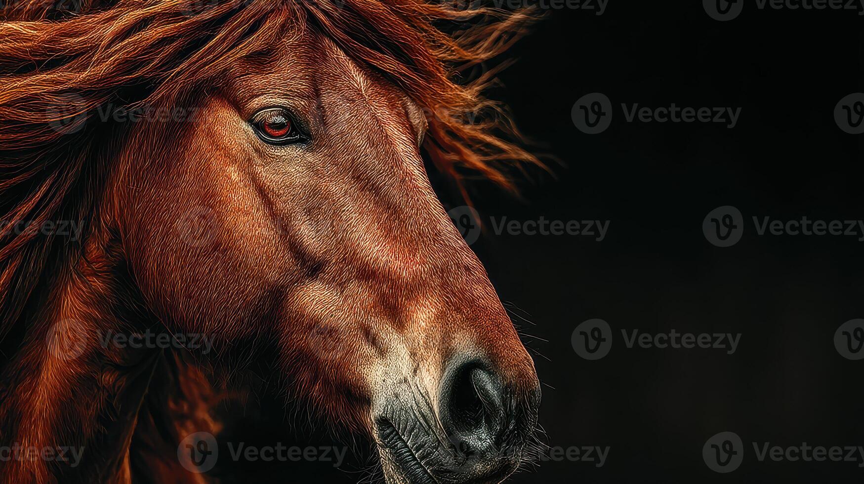 Close-up view of a majestic chestnut horse with flowing mane against a dark background showcasing vivid details and texture photo