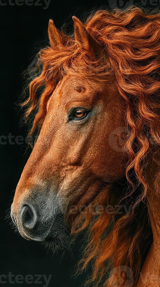 Majestic chestnut horse with flowing mane showcases beauty and strength in a close-up portrait photo