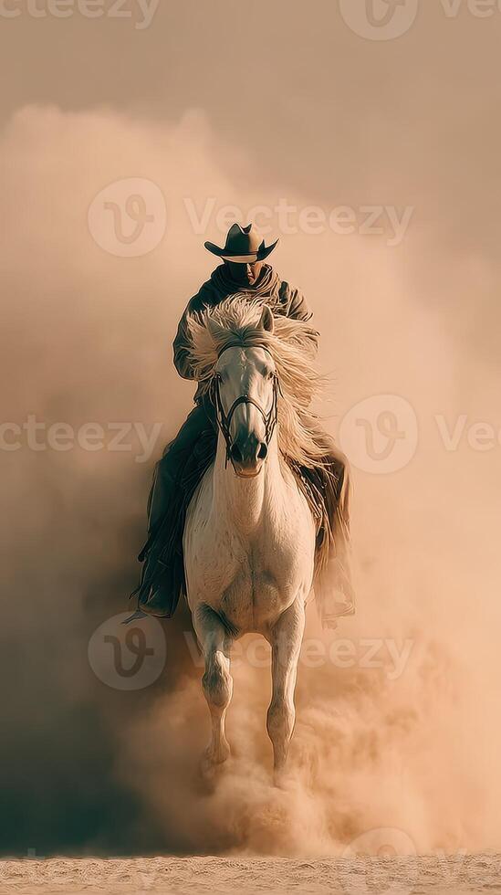 Cowboy rides gallantly on a white horse through swirling dust on an open terrain under a dusky sky during sunset photo