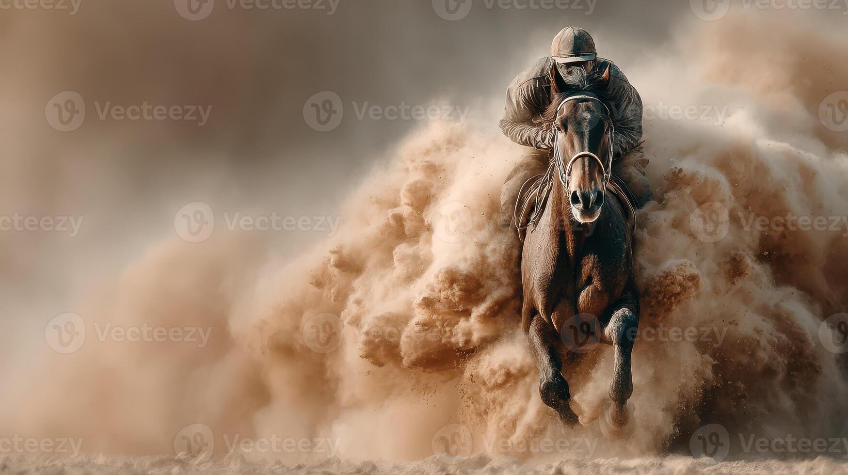 Galloping horse races through dusty terrain during sunset, creating a dramatic display of speed and power photo
