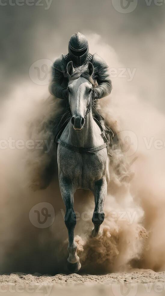 Knight in armor rides a galloping horse through a cloud of dust on an ancient battlefield during the day photo