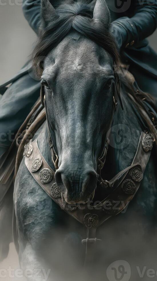 Majestic black horse in detailed harness stands strong in misty landscape during early morning hours photo
