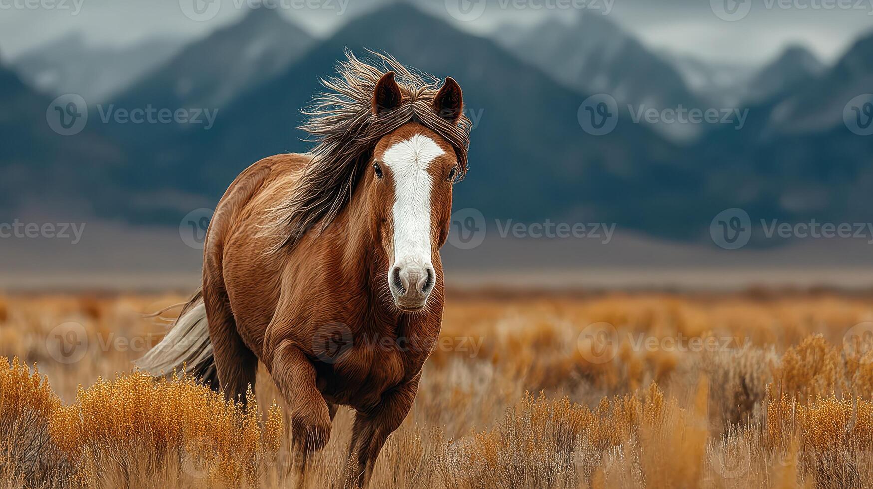 Brown horse galloping through golden grasslands against a backdrop of majestic mountains under an overcast sky photo