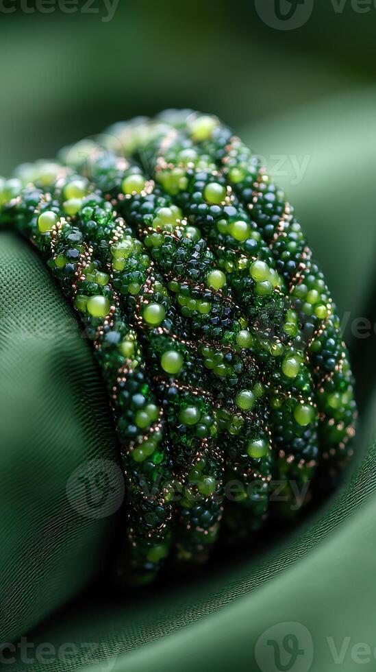 Beautiful green beaded bracelet showcasing intricate craftsmanship on a rich green fabric backdrop photo