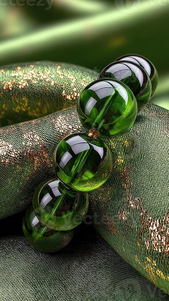 Elegant green glass beads resting on luxurious fabric with intricate patterns in a soft, ambient light photo