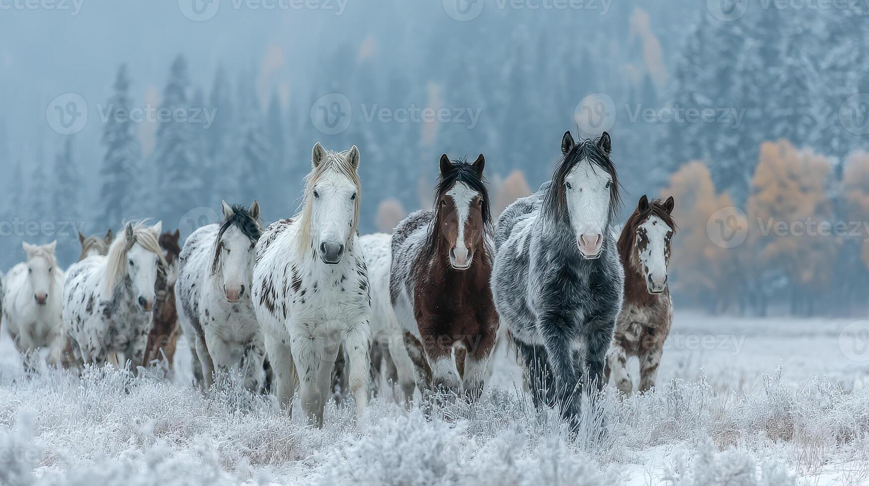 Herd of horses walking through a snowy landscape in a forest during winter morning photo