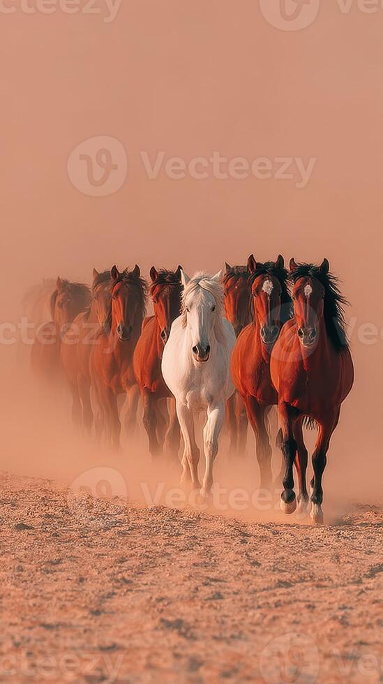 Majestic horses galloping through a dusty landscape at sunset creating a captivating spectacle photo