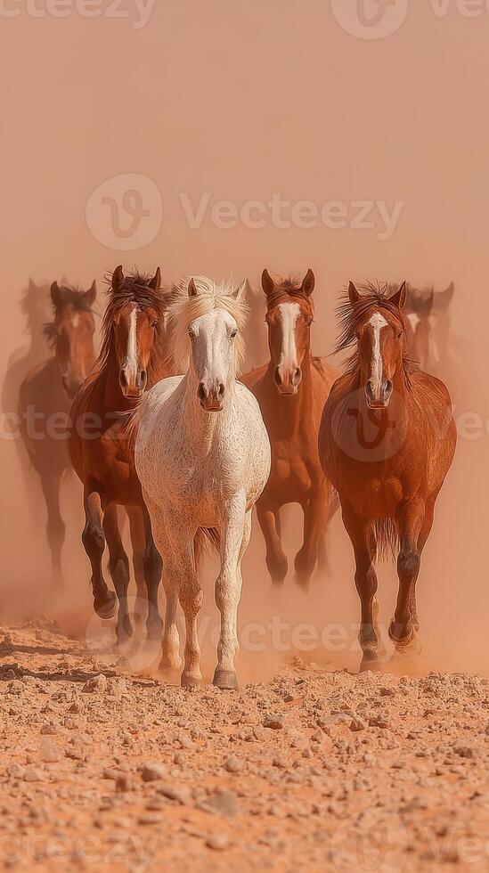 Horses galloping through dusty terrain in the warm afternoon light, showcasing strength and beauty in a natural setting photo