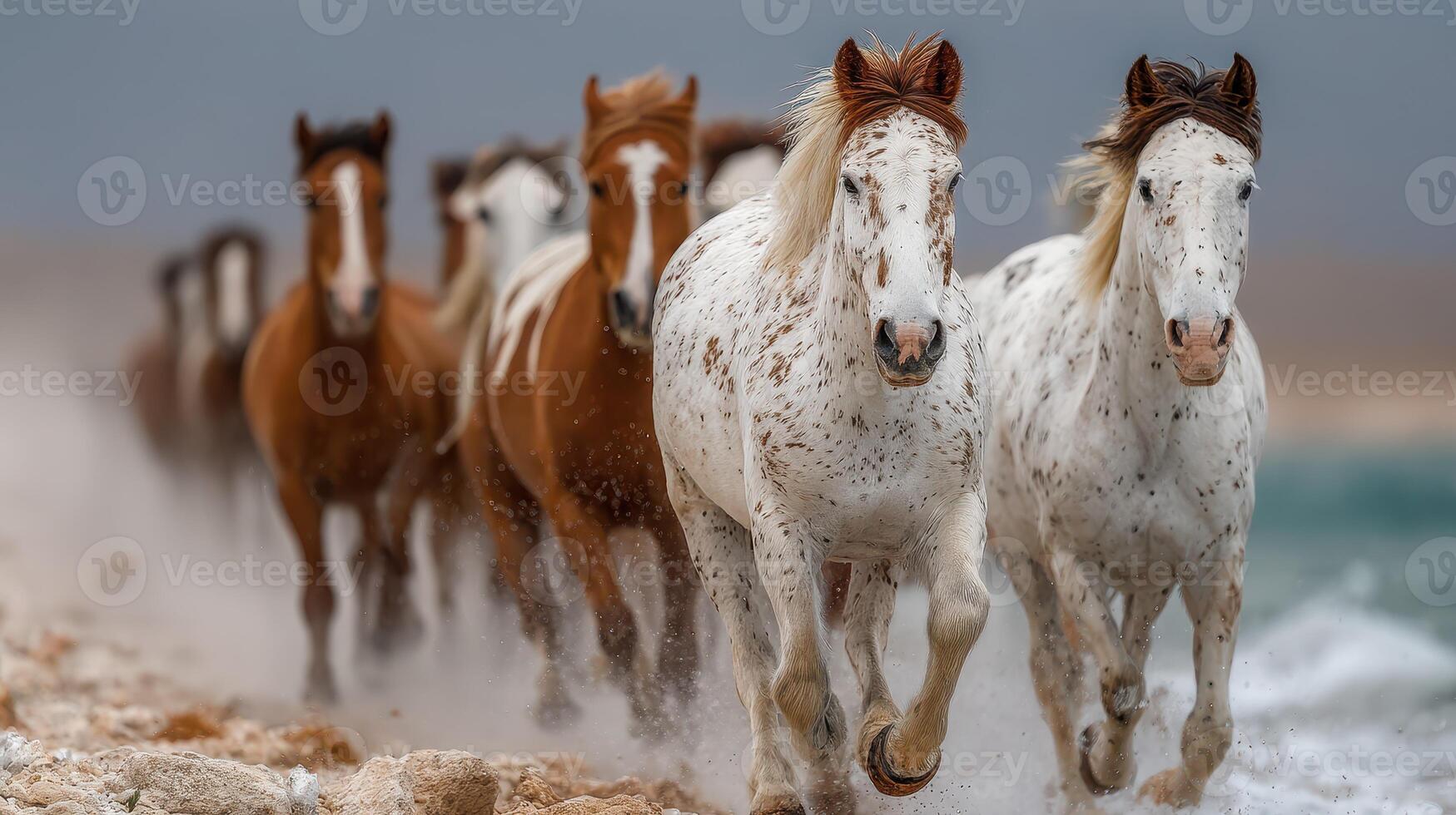 Wild horses gallop along the shore during twilight creating a dynamic display of motion and beauty in a natural landscape photo