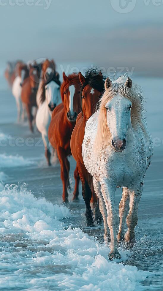 Horses walking along the shoreline at sunset capturing the essence of freedom and nature's beauty photo