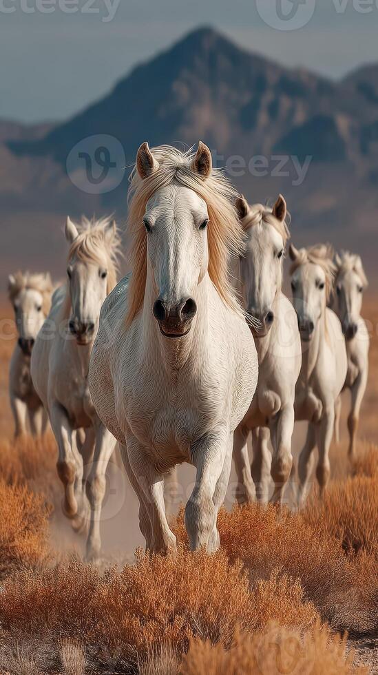 Herd of galloping white horses in a desert landscape with mountains in the background during golden hour photo