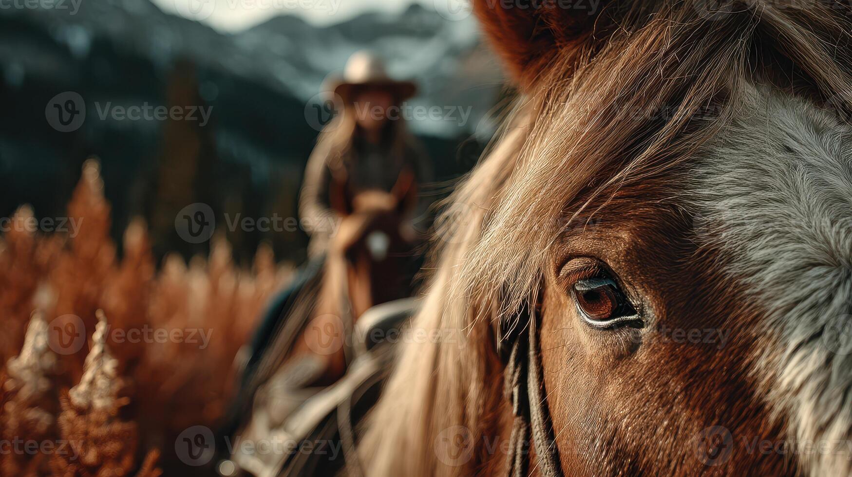 Close-up of a horse in focus with a cowboy riding in the background during sunset in a scenic mountain landscape photo