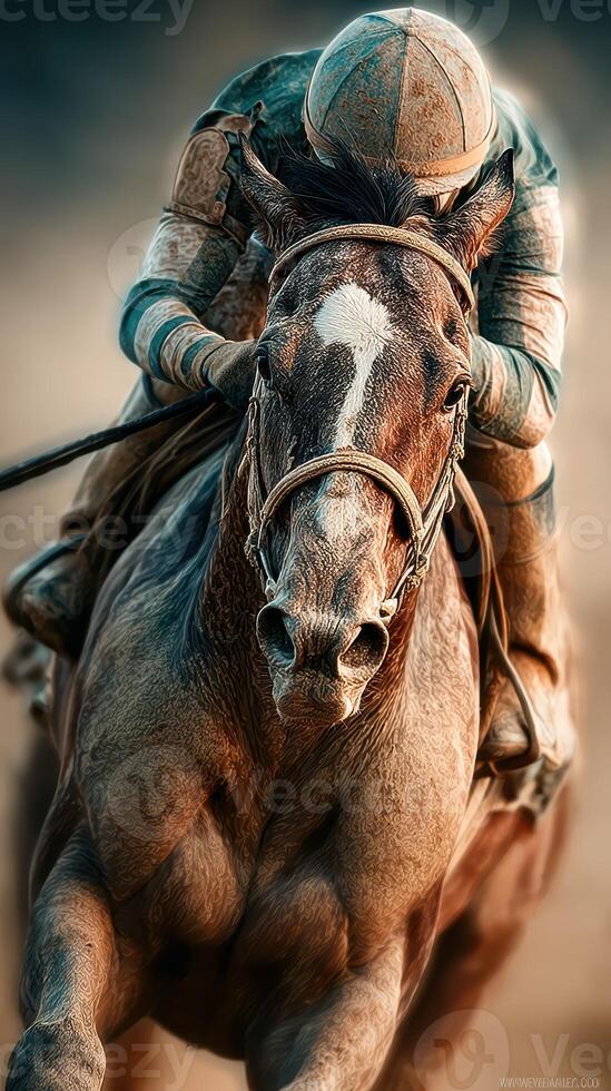 Dynamic race between a jockey and a horse on a track during sunset hours photo