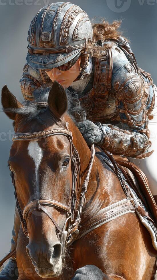 Equestrian rider in ornate armor skillfully guiding a majestic horse in a competitive jump during an outdoor event photo